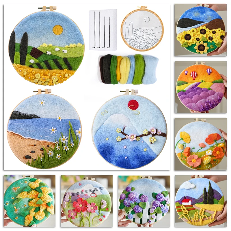 

DIY Wool Felting Painting With Embroidery Landscape Frame Handmade Needle Wool Painting Picture For Home Decors DIY Gift Gift