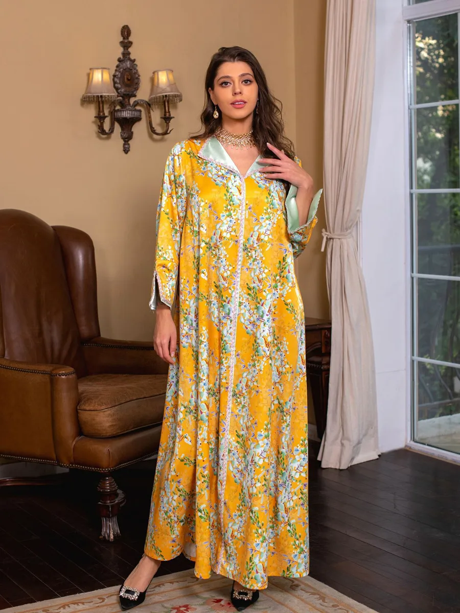 

vestidos Muslim Femme Dubai Abayas For Women Ramadan Robe Hot Diamond Floral Print Loose Maxi Evening Dresses Islam Clothing