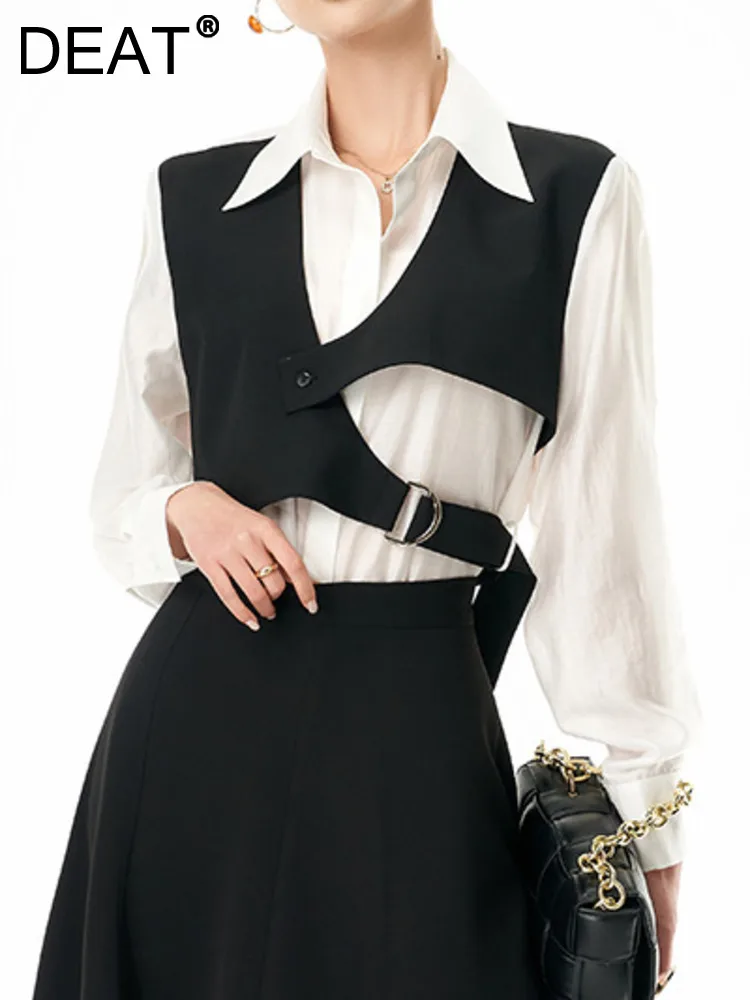 

Женская однобортная рубашка DEAT, блузка составного кроя с лацканами и длинными рукавами, со вставками и шнуровкой, модель 17A7100 на весну, 2023