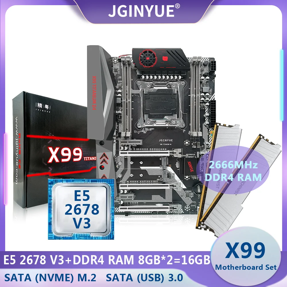 

Комплект материнской платы JINGYUE X99, LGA 2011-3, с процессором XEON E5 2678 V3, 16 ГБ = 8 Гб * 2, DDR4, оперативная память M.2 SATA M.2 NVME X99 D4