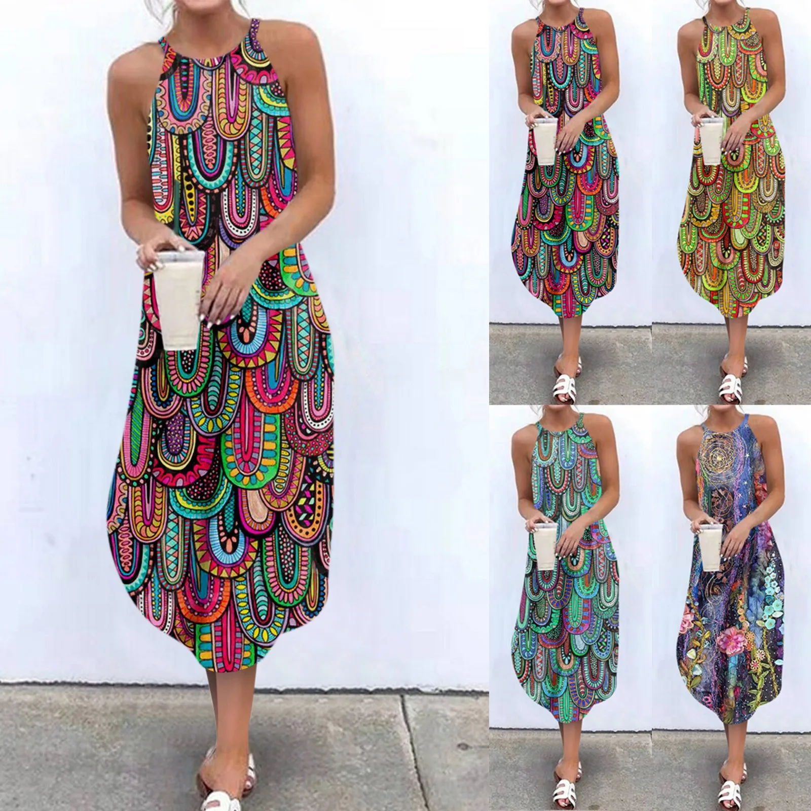 

Women's Dress 2023 Casual Sexy Printing Fashion Round Neck Sling Loose Sleeveless Midi Dress High Quality Luxury Long Dresses