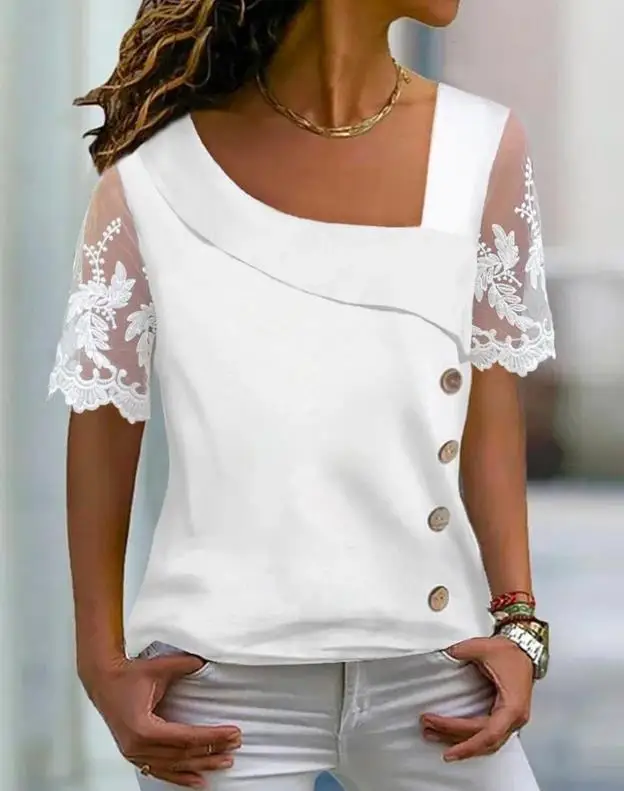 

Women Summer Lace Patch Blouse European & American Fashion Asymmetrical Neck Buttoned Design Women's Short Sleeve Casual T-Shirt