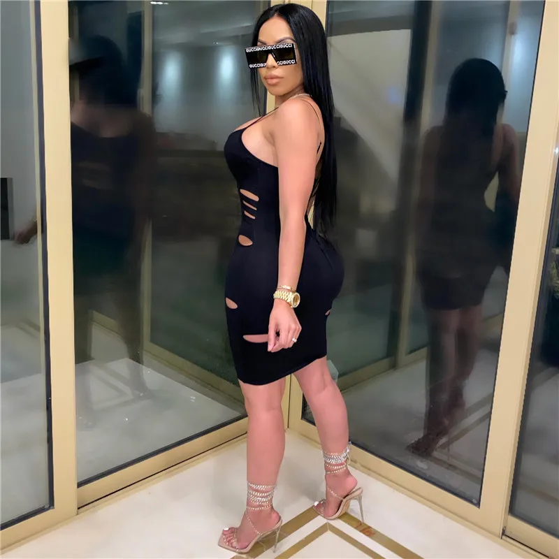 

Sexy Hollow Out Spaghetti Straps Mini Dress Bandage Backless Sleeveless Black Off Shoulder Night Club Partywear Bodycon Dress