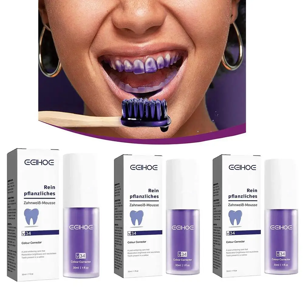 

3pcs V34 Purple Corrector Toothpaste Teeth Whitening Toothpaste Enamel Care Toothpaste Intensive Stain Removal Reduce Yellowing