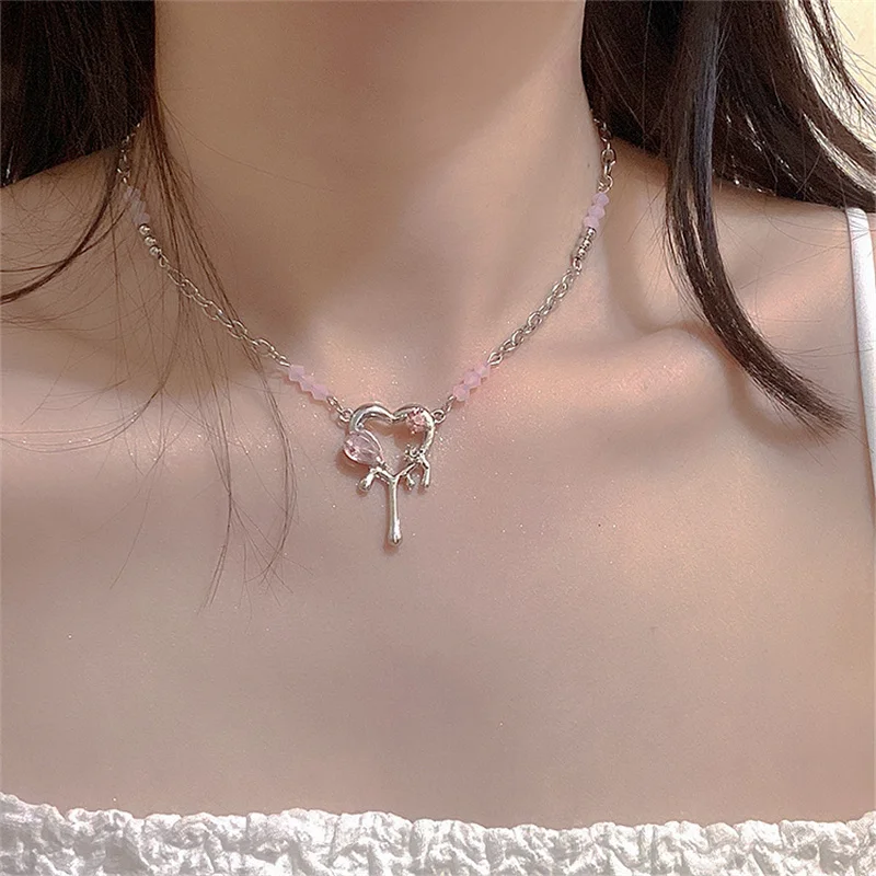 

2022 Kpop Goth Y2K Pink Heart Pendant Clavicle Chain Necklace For Women Egirl Grunge Collares Aesthetic EMO Jewelry Accessories