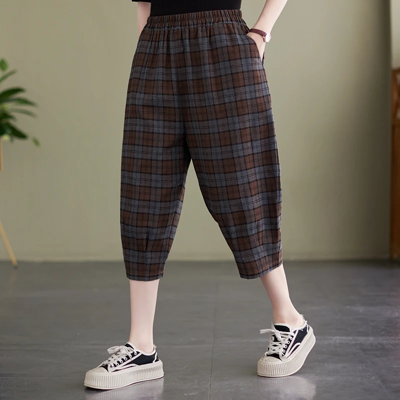 Женские клетчатые брюки до щиколотки повседневные свободные из хлопка и льна с