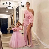 pink lace ruffles mother and daughter dresses 2022 evening ceremony wear mermaid high side split prom gowns formal night dresses