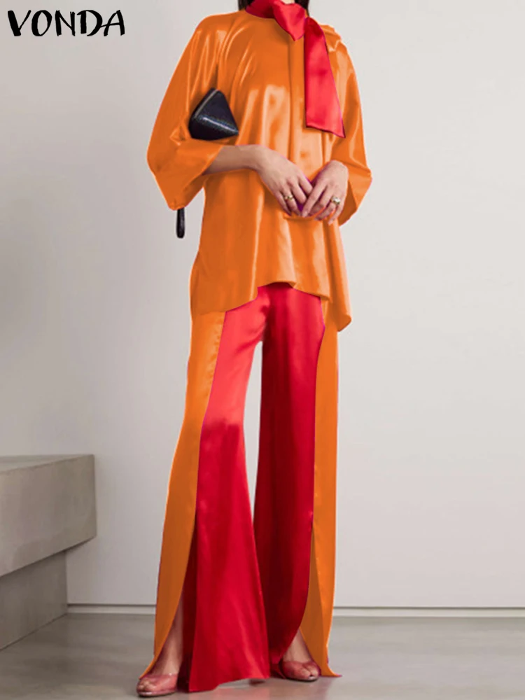 

VONDA Oversized Y2K Vintage Women Sexy Pants Sets Patchwork Pant Suits Round Neck Long Sleeve Satin Party Blouse Fare Pants Suit