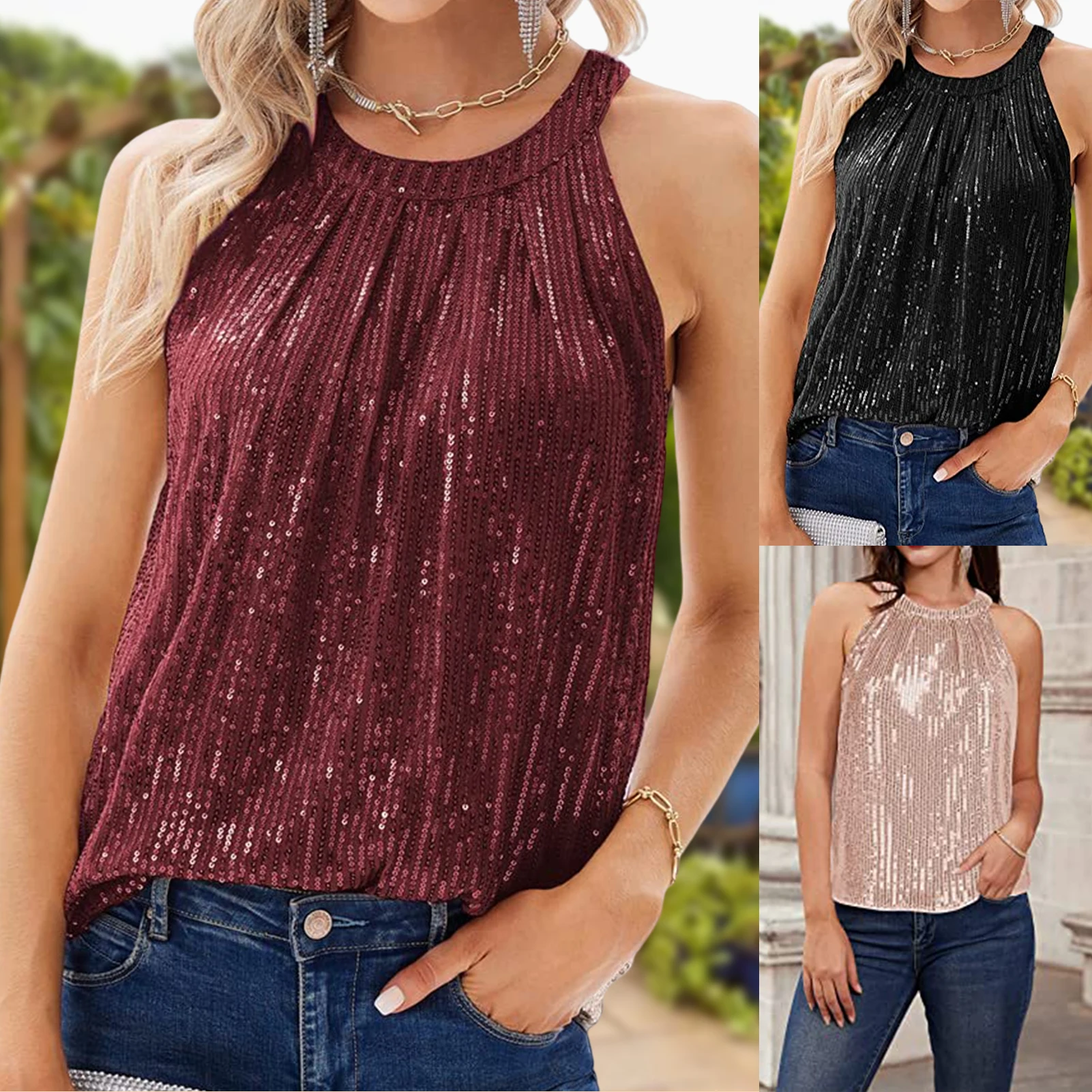 Womens Fashion Shiny Halter Neck Tank Tops Vest Ladies Summer Casual Solid Color Sleeveless T shirt Blouse Red Black Pink 2023