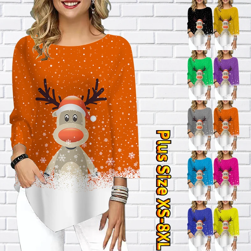 

Женские топы, толстовка, футболка, футболка с мультяшным оленем, Рождественский Блестящий принт, рукав 3/4, уличная одежда для повседневного ...