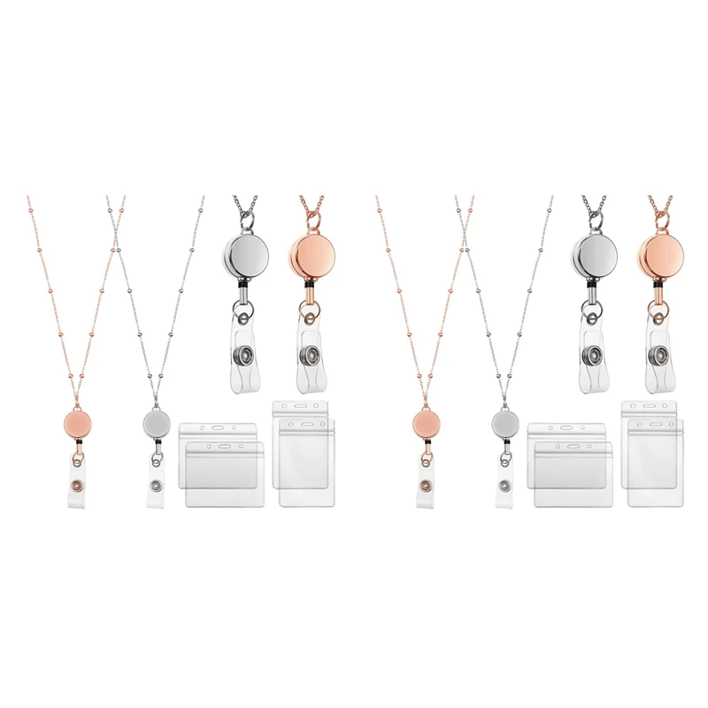 

4 Pcs Retractable Badge Reel Lanyard With ID Holder Necklace Lanyard Badge Clip Chain Waterproof Holder - C