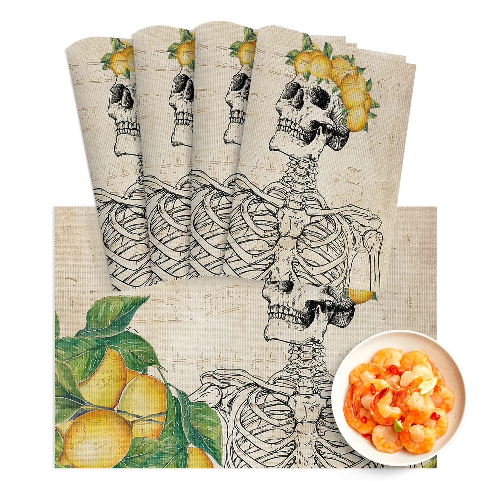 

4/6Pcs Table Mat Skull Lemon Retro Bowl Pad Coaster Set Washable PVC Dining Table Placemats Home Decoration Kitchen Accessories