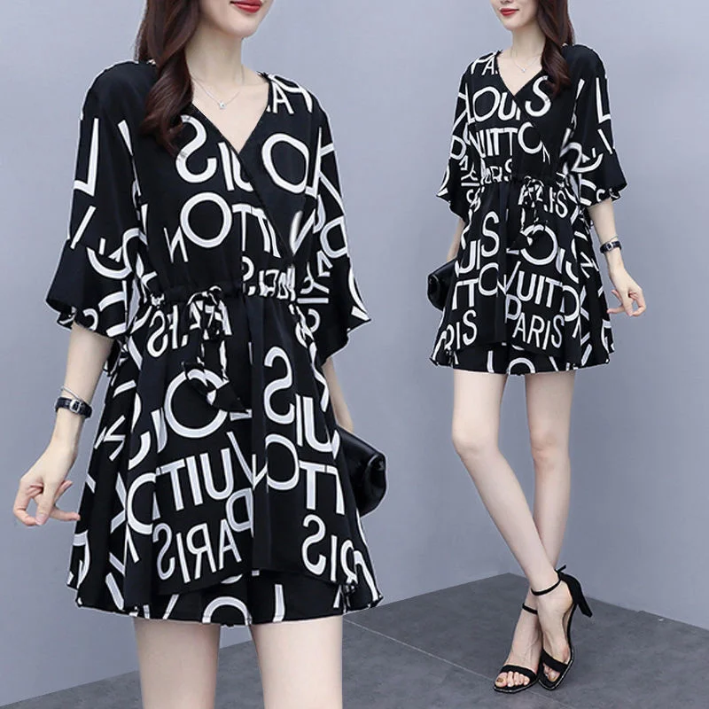 

Spring and summer fashion Shorts Set women's loose and thin Chiffon short sleeve V-neck dress two-piece set
