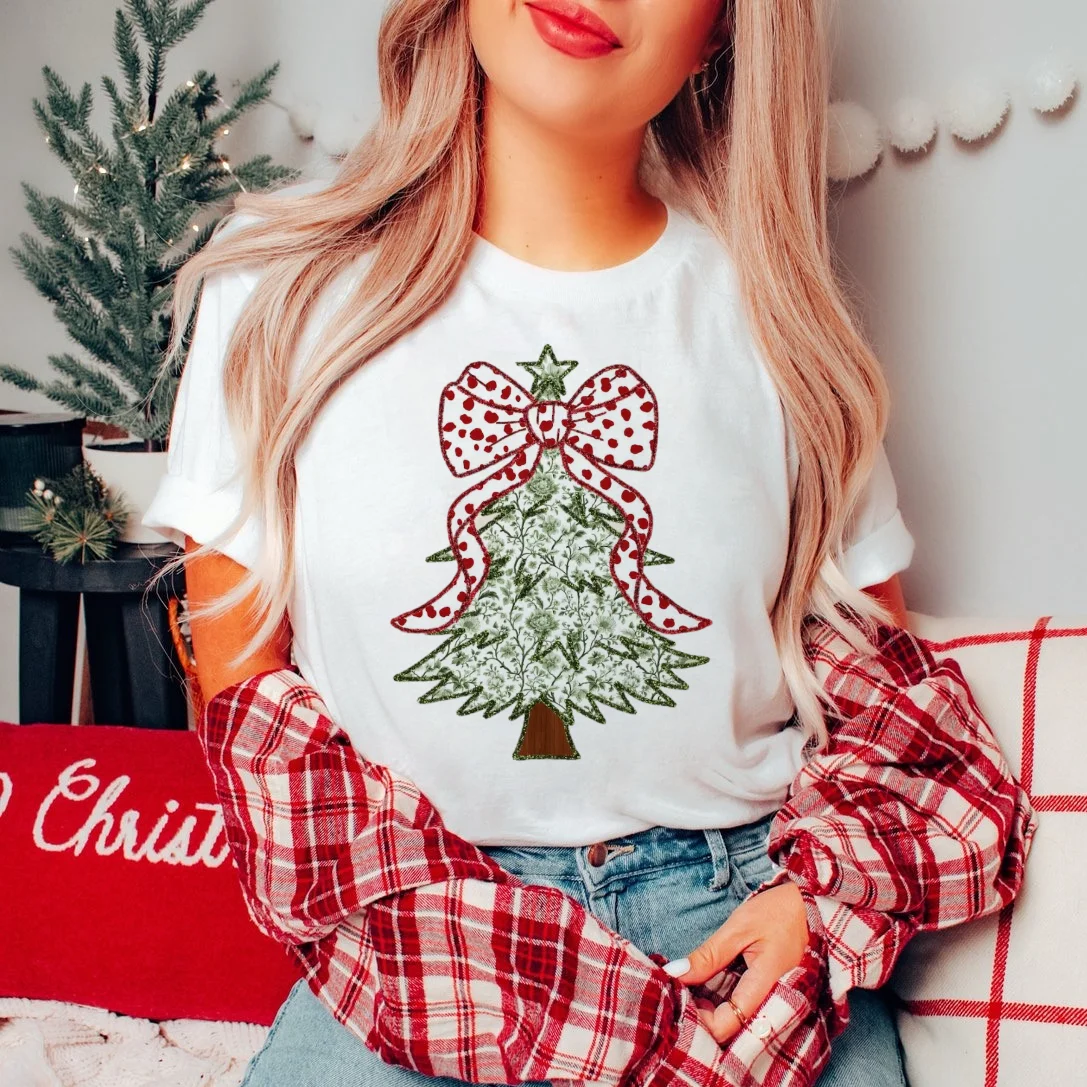Printed Pattern Watercolor T-Shirt Polyester White Short Sleeved Women's Top Christmas Tree Fashionable Casual Cartoon Clothing