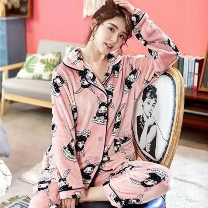 Women's Winter Pajamas Set Turn-down Collar Sexy Flower Embroidery Sleepwear Warm Flannel Pajama Casual Mom Big Size Homewear