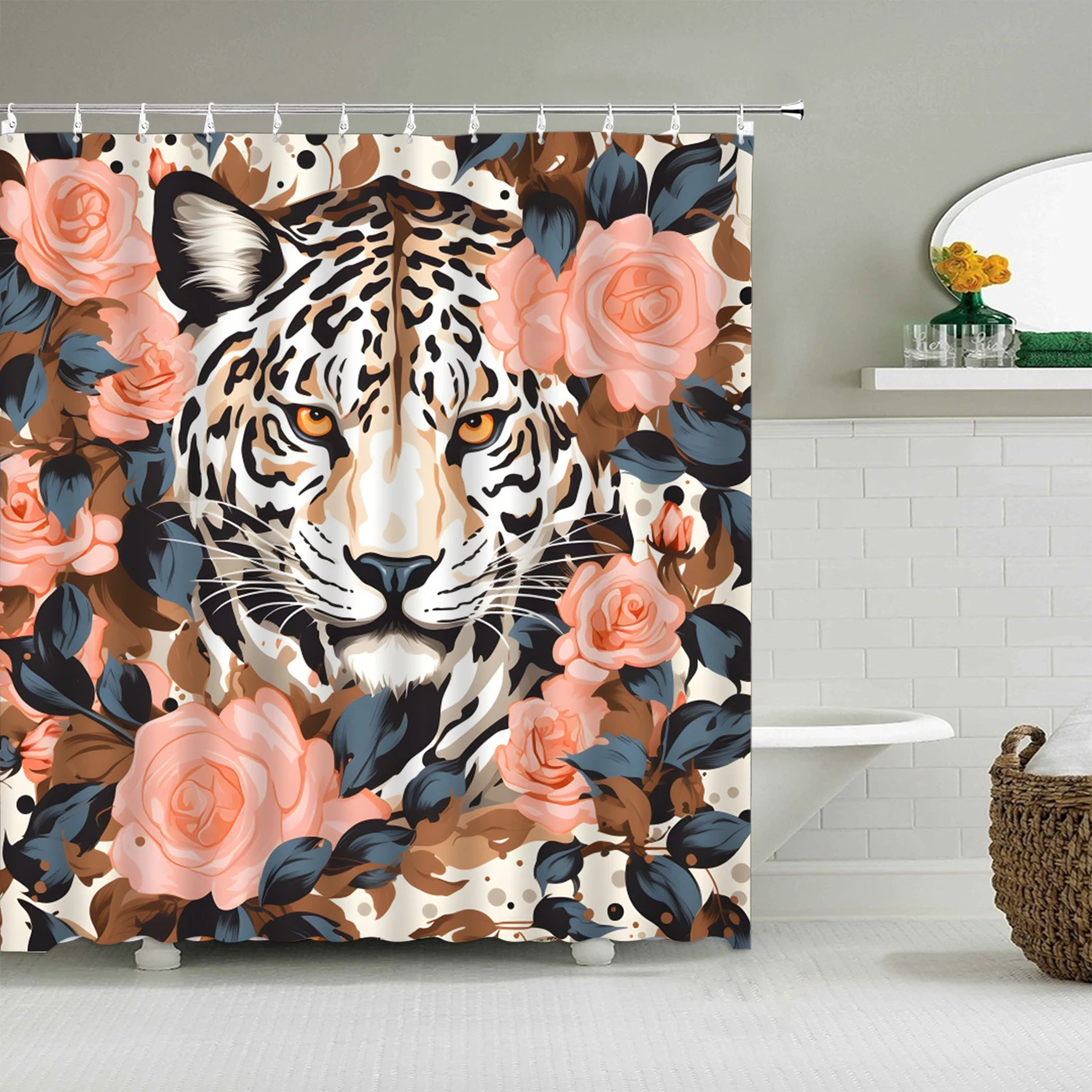 

Занавеска для душа с розовыми цветами, тигром, леопардом
