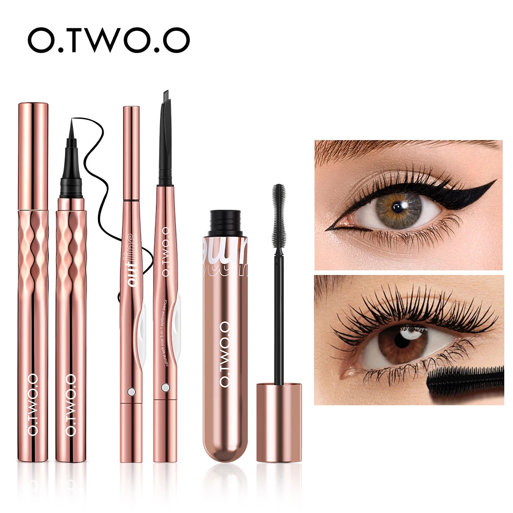 

O.TWO.O 3pcs Makeup Set 4d Silk Fiber Mascara Eyeliner Pen Eyebrow Pencil Waterproof Smudge Proof Long-lasting Cosmetics Kit