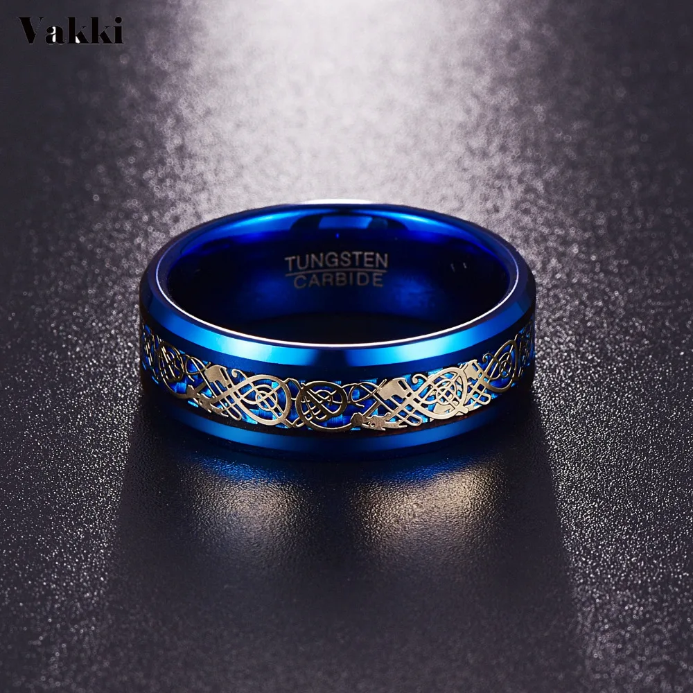 

VAKKI 8mm Men's Ring Celtic Dragon Tungsten Carbide Ring Wedding Band Blue/Black Carbon Fiber Engagement Ring Size 5-14