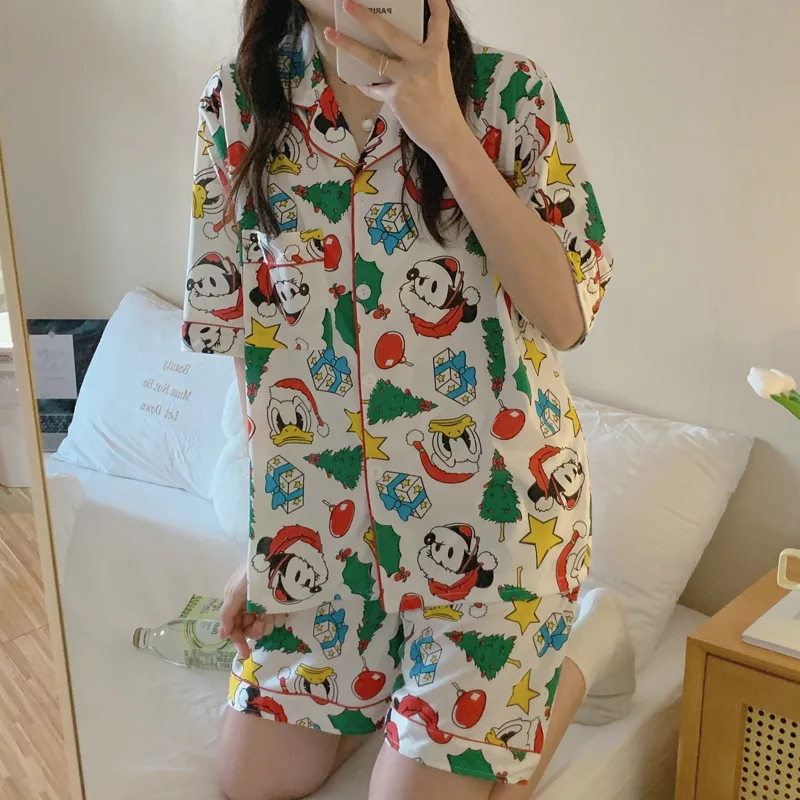 

Disney Christmas Mickey Pajamas Women's Summer Suit Cardigan Pajamas Lapel Cartoon Short Sleeve Shorts Two Piece Pajamas