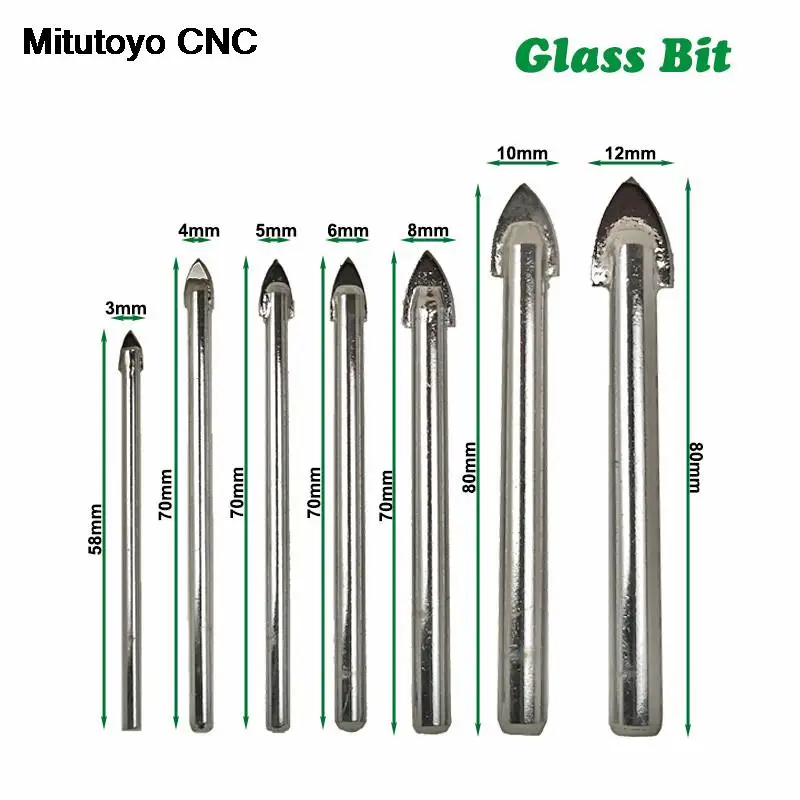 

7pcs/lot Glass Bits Round Shank Glass Drill Bit Set 4 5 6 8 10 12mm Wall Tile Ceramic Marble Hole Glass Hole Saws Milling Cutter
