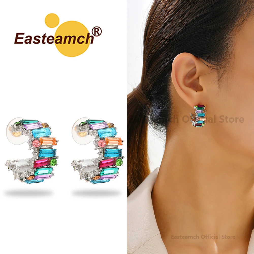 

Easteamch Fashion Colorful Crysal Stud Earrings For Women Trendy Luxury Fairy Korean Charm Holiday Piercing Jewelry Accessories
