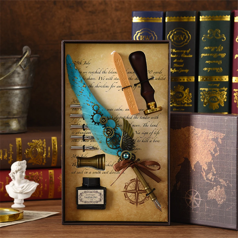 

Retro Mechanical Feather Dip Pen Calligraphy Quill Pen Business Gift Box Set with 5 Nibs Wax Strip Seal Stamp for Envelope Decor