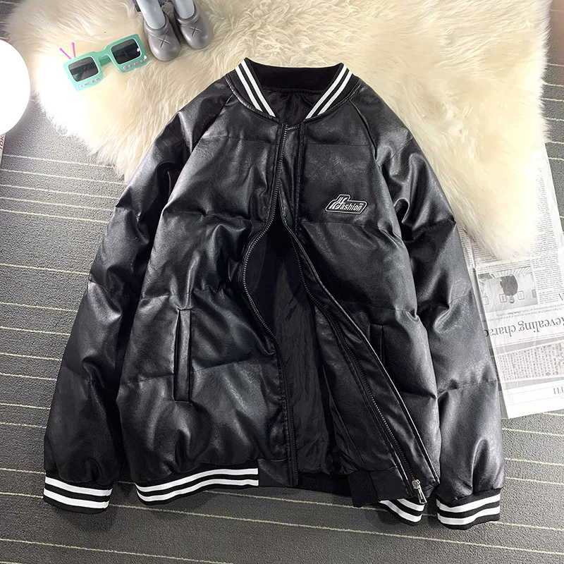 Men Thickened PU Parkas Black White Long Sleeve Fashion Solid Color Zipper Warm Jackets Streetwear Unisex Parkalar Mont Erkek