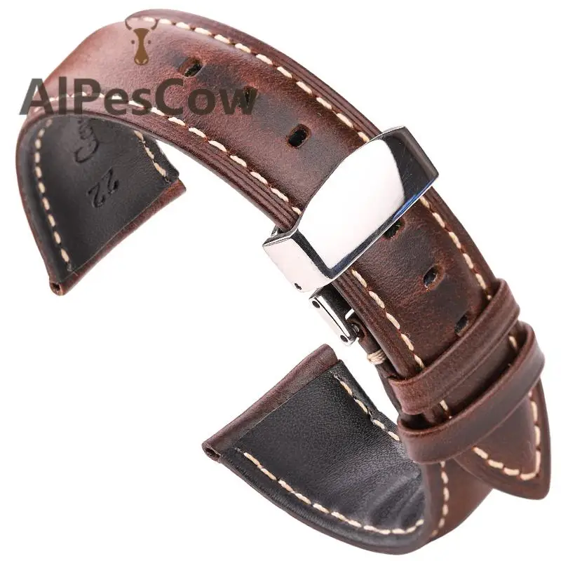 

Smooth Cow Leather Watch Strap Bracelet Dark Brown Black Women Men Soft Watchband With Metal Butterfly Deployment Clasp