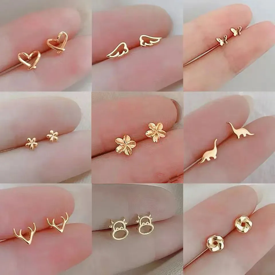 Металлические серьги-гвоздики золотого цвета с несколькими стилями маленькие в