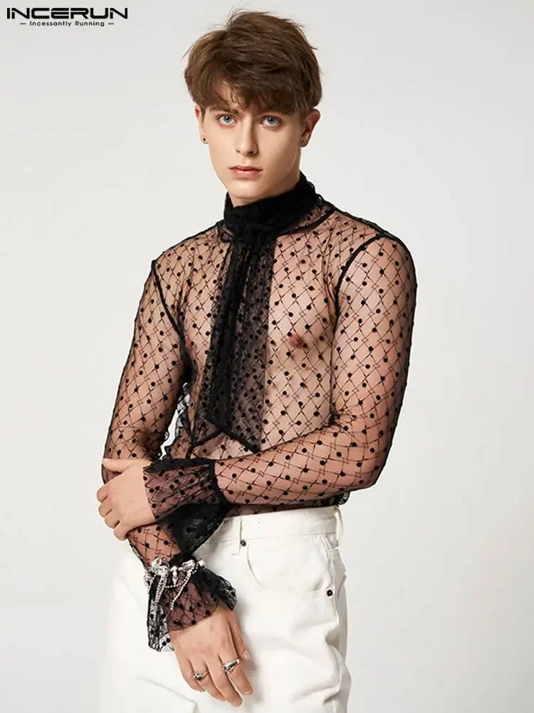 

Мужская футболка INCERUN, кружевная сетчатая прозрачная Водолазка с длинным рукавом и галстуком, рубашки 2022, уличная одежда, сексуальные футбо...