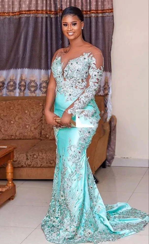 

Turquoise Aso Ebi African Evening Dresses Mermaid Long Sleeves Appliques Long Dubai Saudi Arabic Black Girls Evening Gown Prom