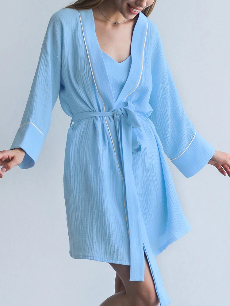 

Хлопковая пижама Linad для женщин, комплект из 3 предметов, синий халат с длинным рукавом, женский топ на бретелях-спагетти с V-образным вырезом, повседневные Костюмы с шортами