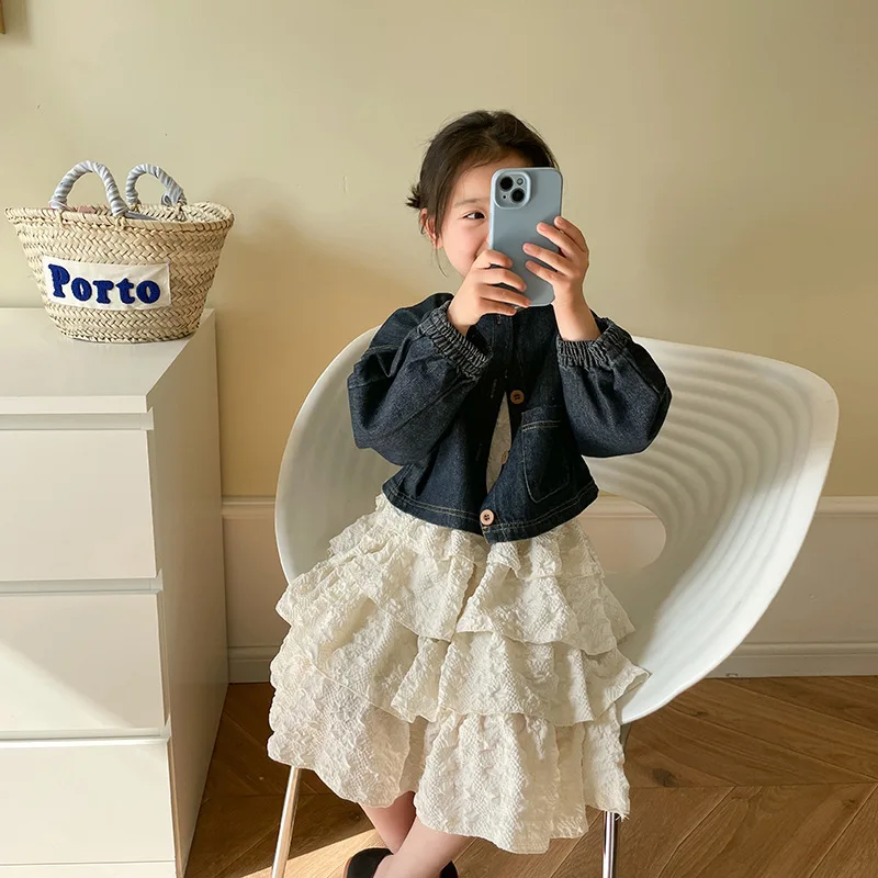 

Girls' casual short sleeved jacket denim jacket+vacation style suspender dress 2-piece fashionable set 2023