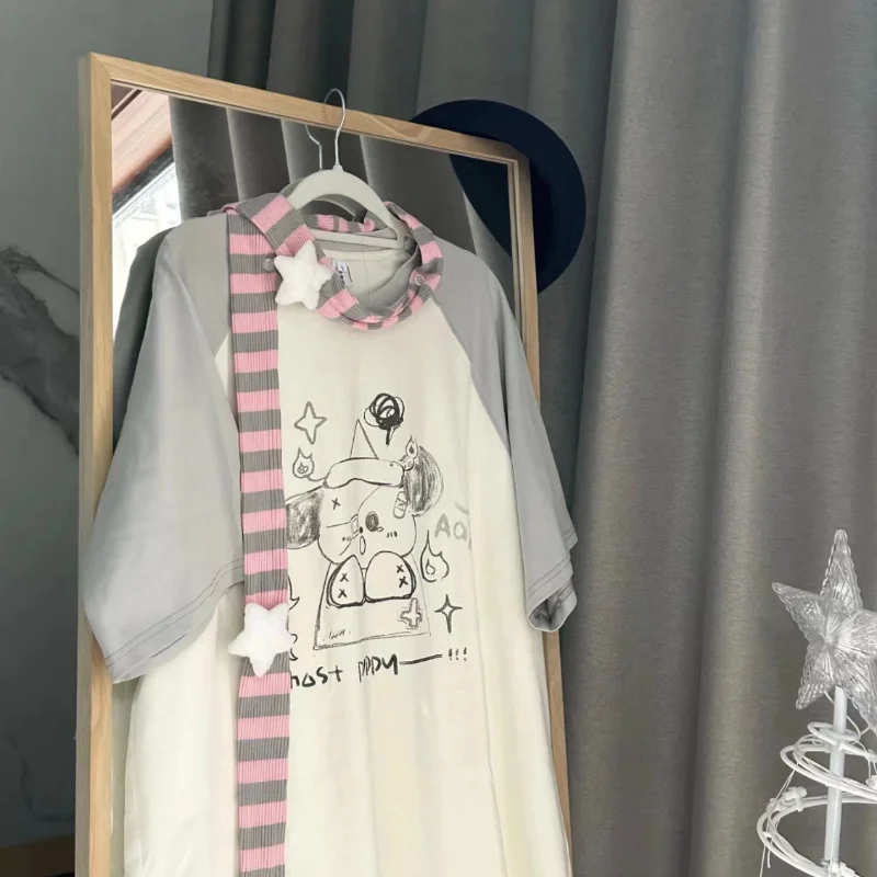 

Japan Style Sweet Summer Loose Camisetas Women Half Sleeve T-shirts Scarf Cartoon Dog Print Harajuku Tees Y2k Contrast Color