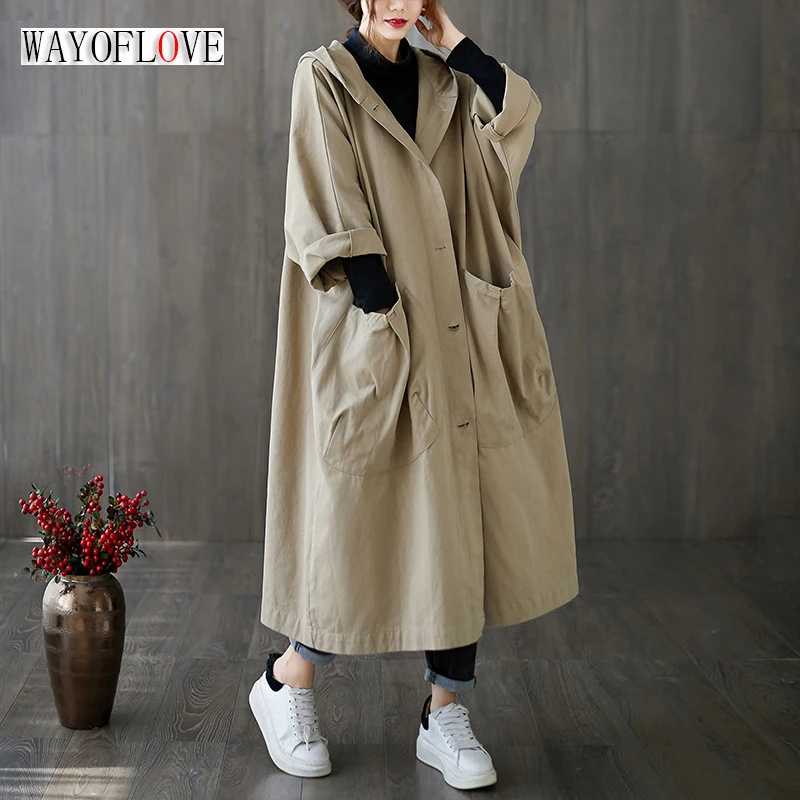

WAYOFLOVE уличная одежда Свободный Длинный Тренч с капюшоном Свободные корейские элегантные пальто осень-зима женские повседневные однобортные пальто