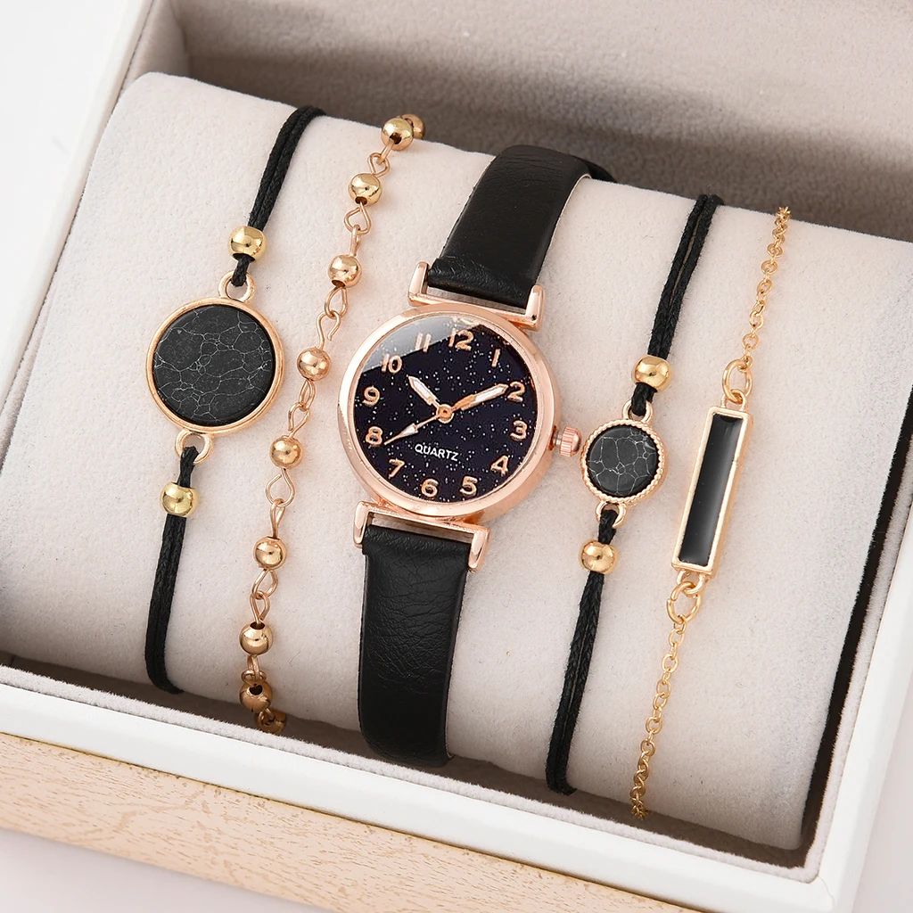 

5PCS Top Style Watch Set For Women Luxury Leather Analog Ladies Quartz Wristwatch Fashion Bracelet Watch Set Relogio Feminino