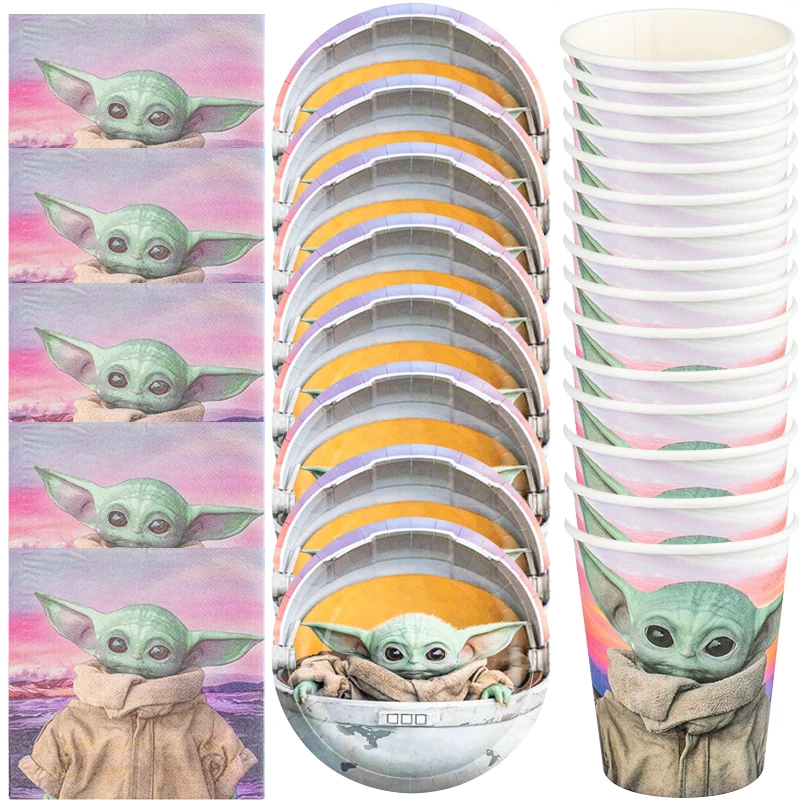

60pcs/lot Baby Yoda Theme Tableware Set Happy Birthday Party Plates Napkins Cups Dishes Decorations Baby Shower Events Supplies