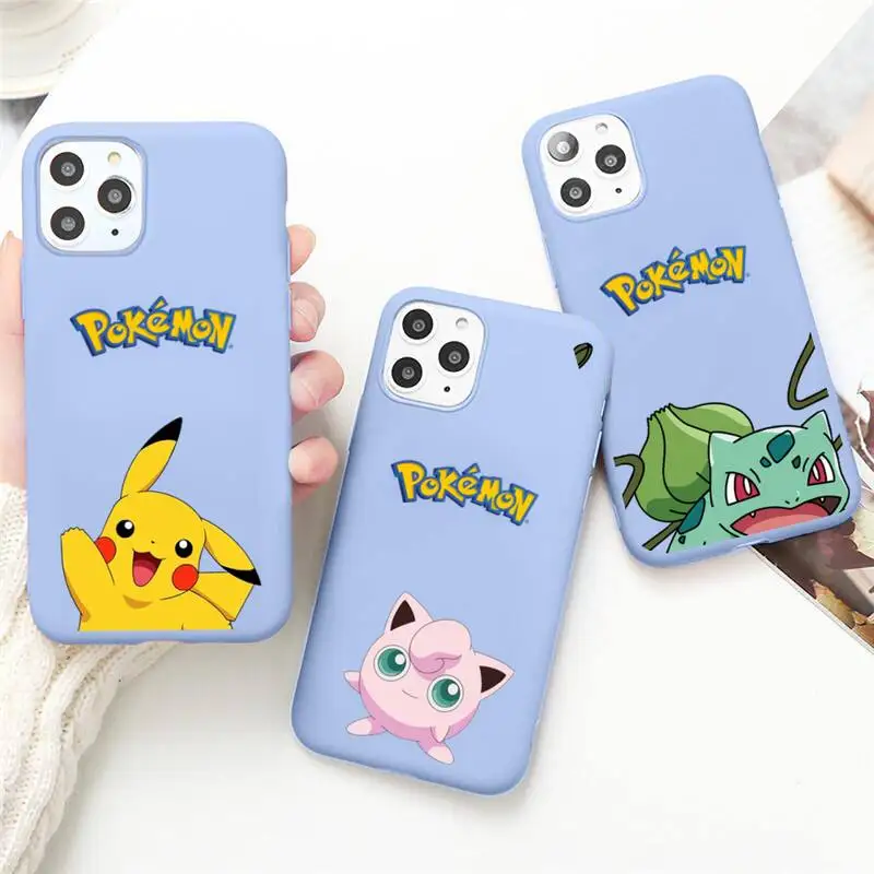 

Cute Cartoon Pokemon Pikachu Phone Case for iPhone 13 12 mini 11 Pro Max X XR XS 8 7 6s Plus Candy purple Silicone cover