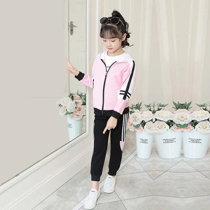 4-12 year old girls spring and autumn sports two-piece fashion color matching hooded top coat + pants Korean children's clothing