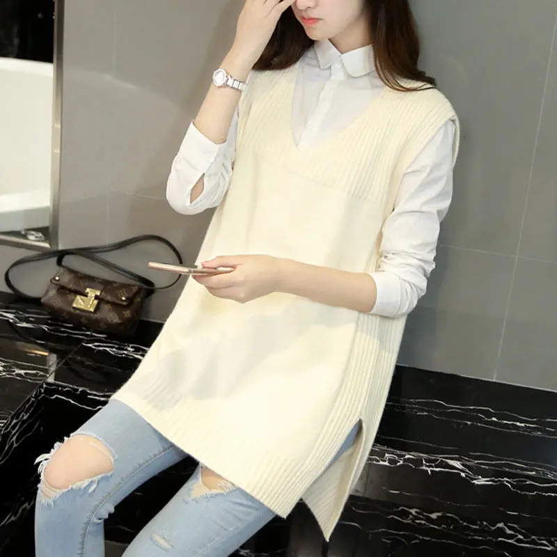 

Fashion Korean New Women Sweater Vest Long Jumpers Solid All-match Knitting Loose Sleeveless Knitwear Females Outwear J160