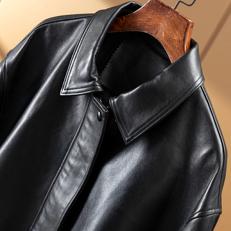 Fashion Genuine Leather Jacket Women  New Spring Summer 2023 Sheepskin  Zipper High Street  Pockets Turn-down Collar All Season