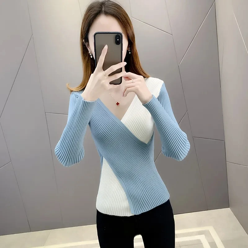 

Women Sweater Autumn Knitted Pullovers V-neck Slim Fit Bottoming Shirt Solid Soft Knitwear Jumpers Basic Sweaters