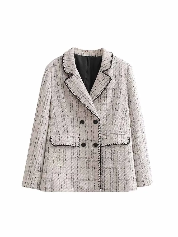 

BSK&ZA&TRF Women 2023 New Fashion lace Textured Double Breasted Blazer Coat Vintage Long Sleeve Pockets Female Outerwear Chic