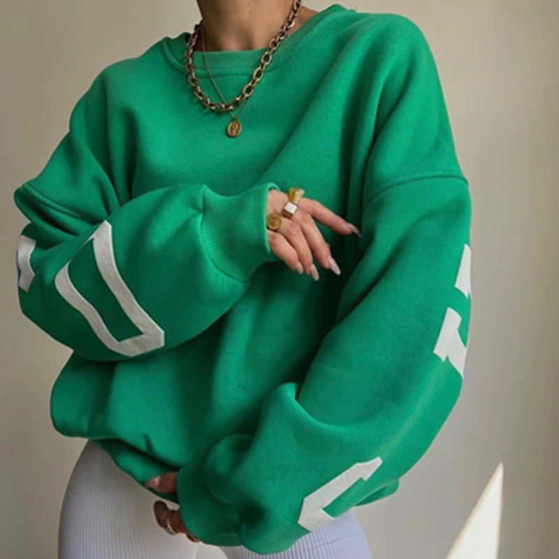 

Elegant Letter Print Thick Sweatshirts 2022 Autumn Casual Long Sleeve Pullover Tops Winter Women Fashion Crew Neck Loose Hoodie