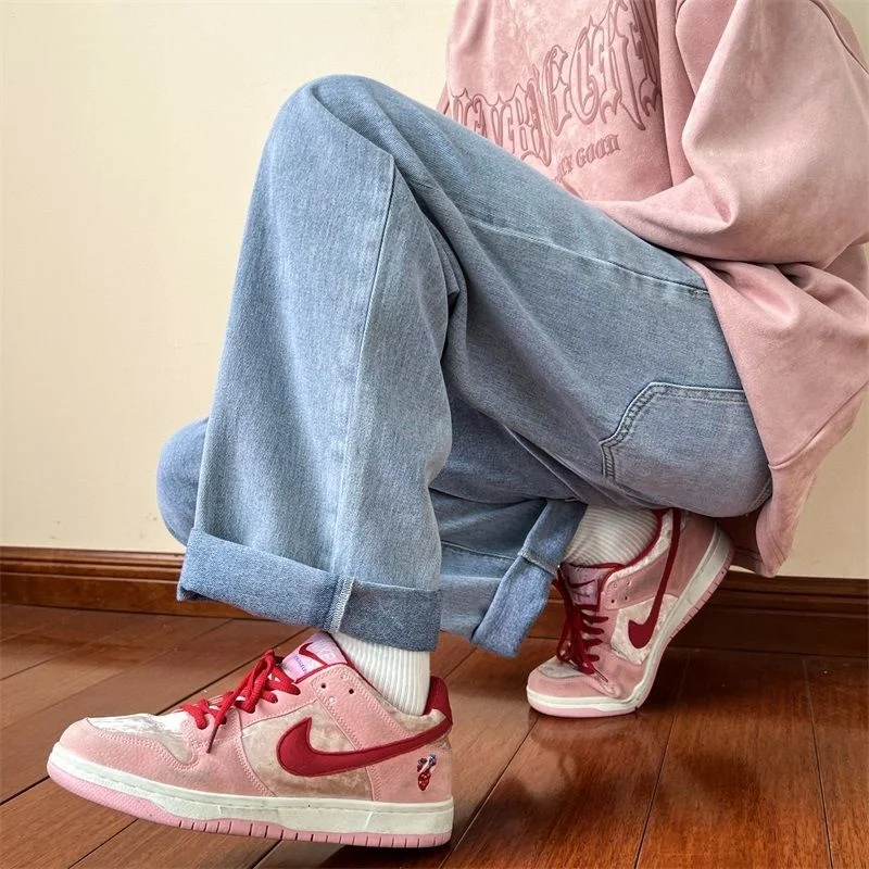 6 Colors Drawstring Jeans Men Fashion Casual Straight Jeans Men Streetwear Hip Hop Loose Wide Leg Denim Pants Mens Trousers