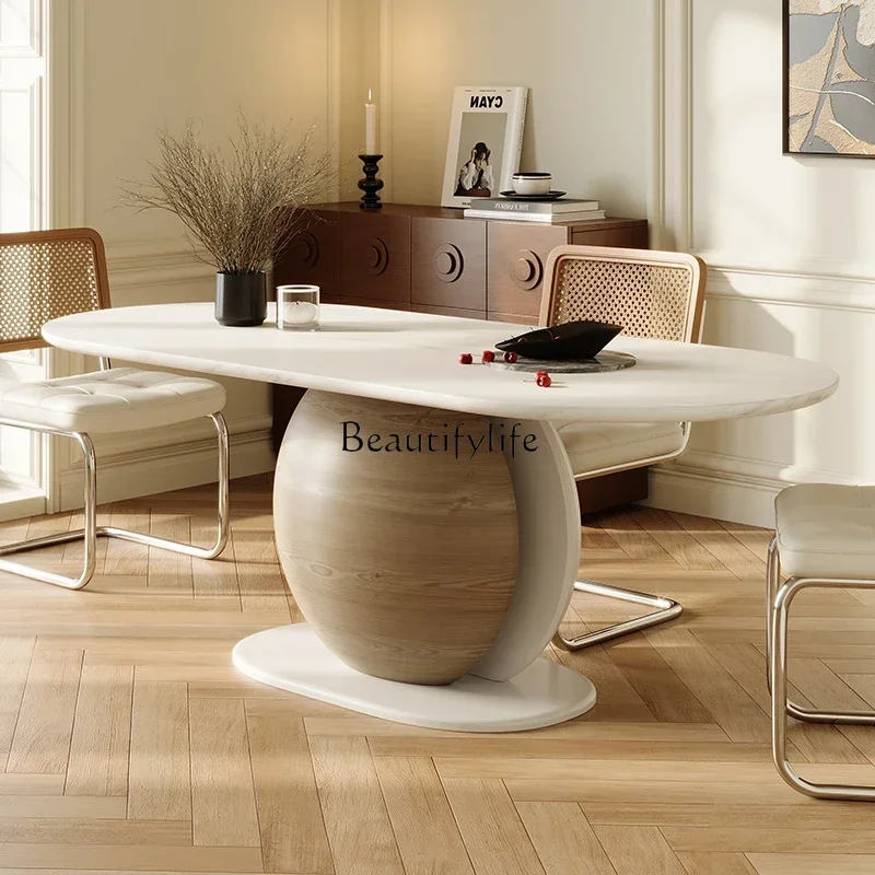 Обеденный стол и стулья из массива камня французский белый терраццо овальное