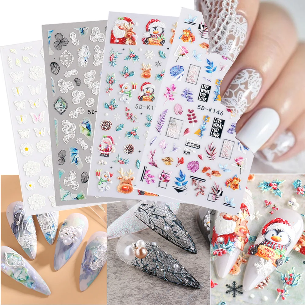 

5D Embossed Nail Stickers Charms White Lace Flowers Foil Nail Art Decorations Foils Sliders Winter Decals Gel Polish Designer