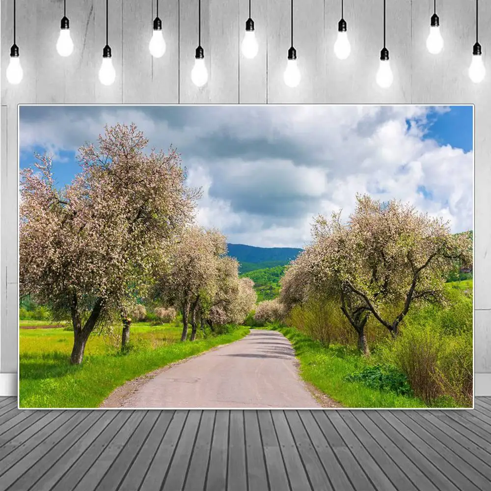 

Spring Flowers Trees Photography Backdrops Peach Blossom Birthday Decoration Mountain Green Grass Home Studio Photo Backgrounds
