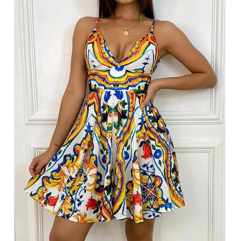 

2022 Women Boho Bodycon Printed Dresses Sleeveless Dresses Ladies Elegant Summer Vintage Sundress V-neck Mini Dress