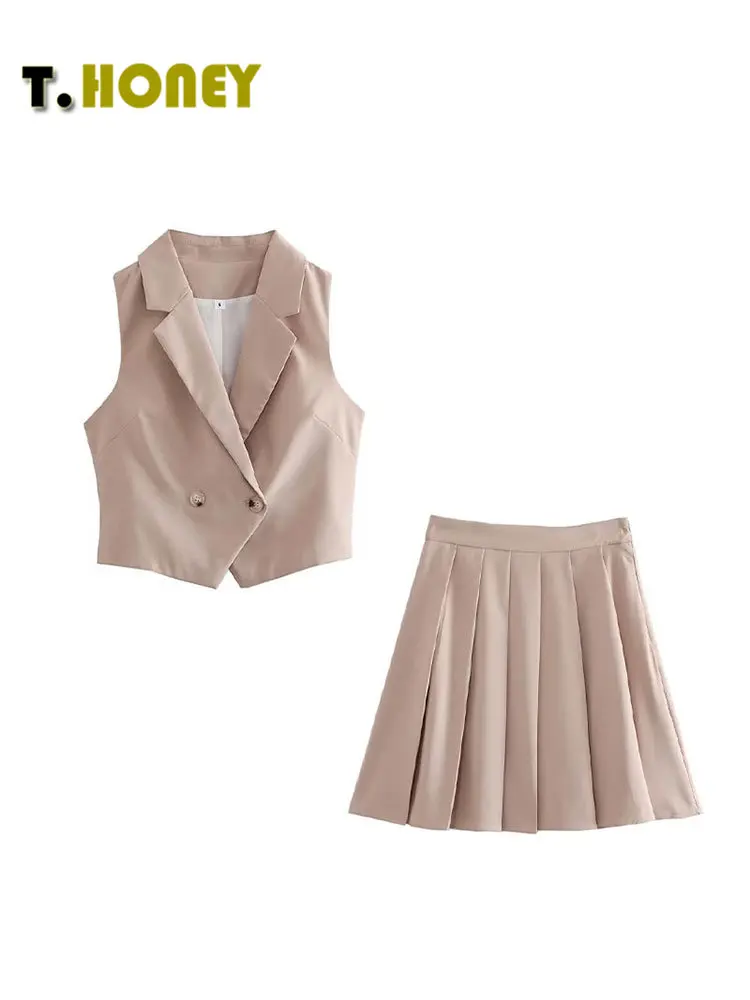 

Женский модный двубортный жилет TELLHONEY, плиссированная мини-юбка с отложным воротником и боковой молнией, повседневный сексуальный однотонный комплект из двух предметов